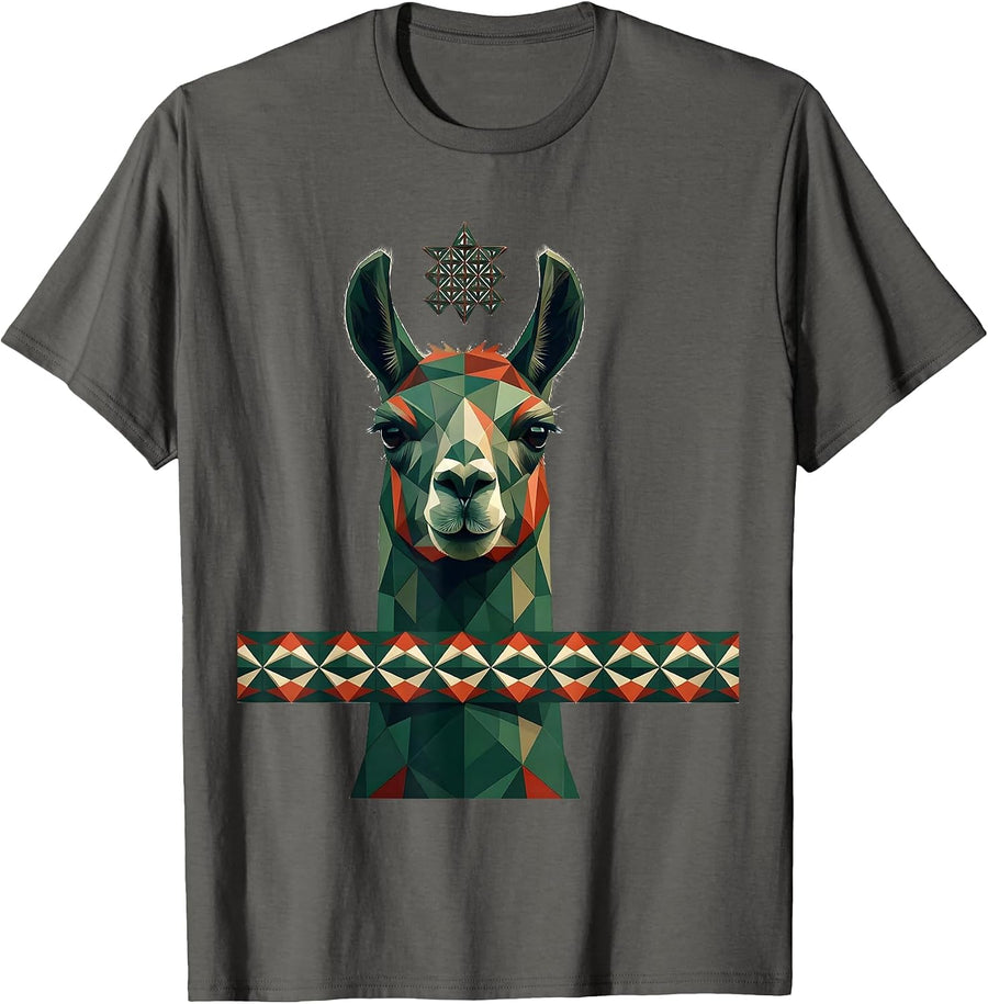 Geometric Llama Head Christmas Llama Lover Gift T-Shirt - Asphalt Grey