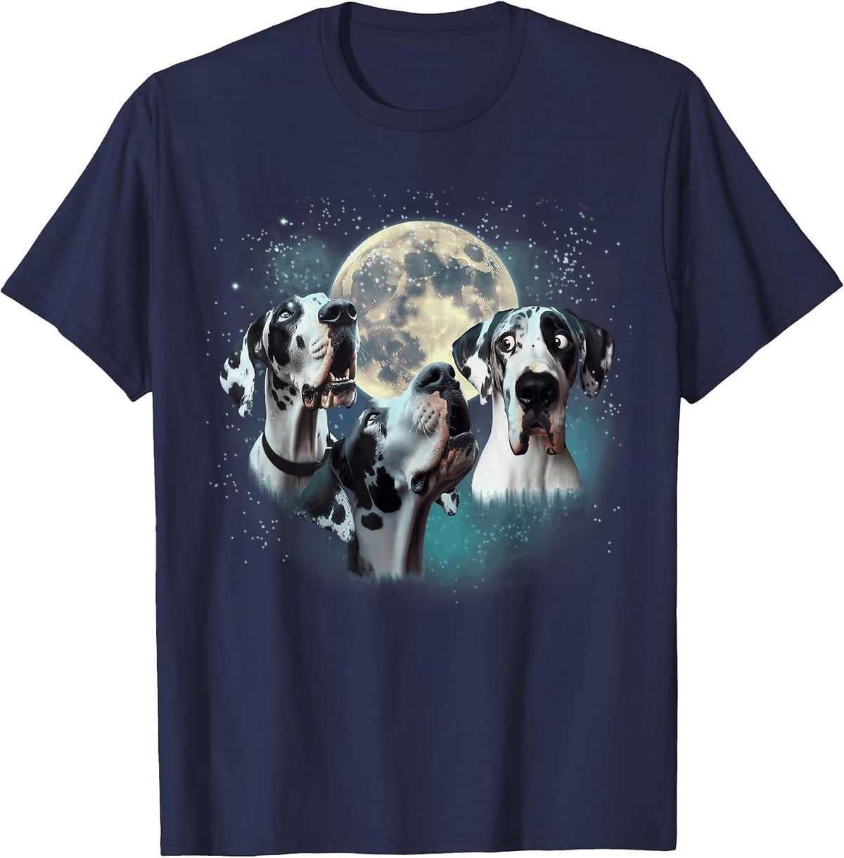 Funny Three Dog Moon, 3 Harlequin Great Dane, Weird Meme T-Shirt - Navy Blue