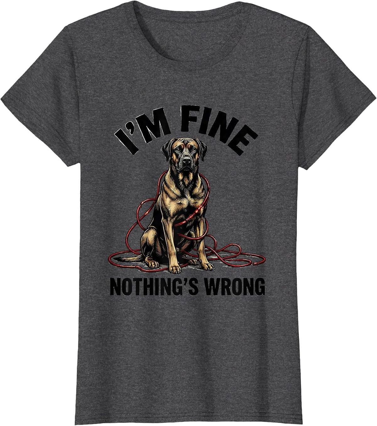 Women's I'm Fine Nothing's Wrong Rhodesian Ridgeback Christmas Humor T-Shirt - Dark Heather Grey