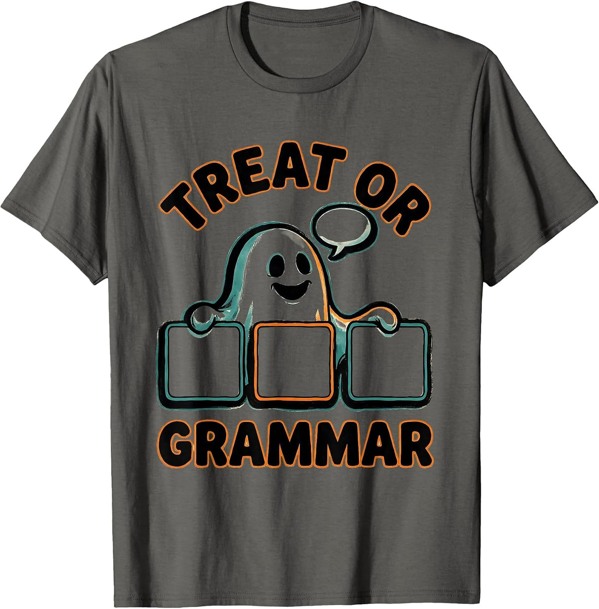 Men's Treat Or Grammar Cartoon Ghost Halloween SLP Teacher T-Shirt - Asphalt Grey