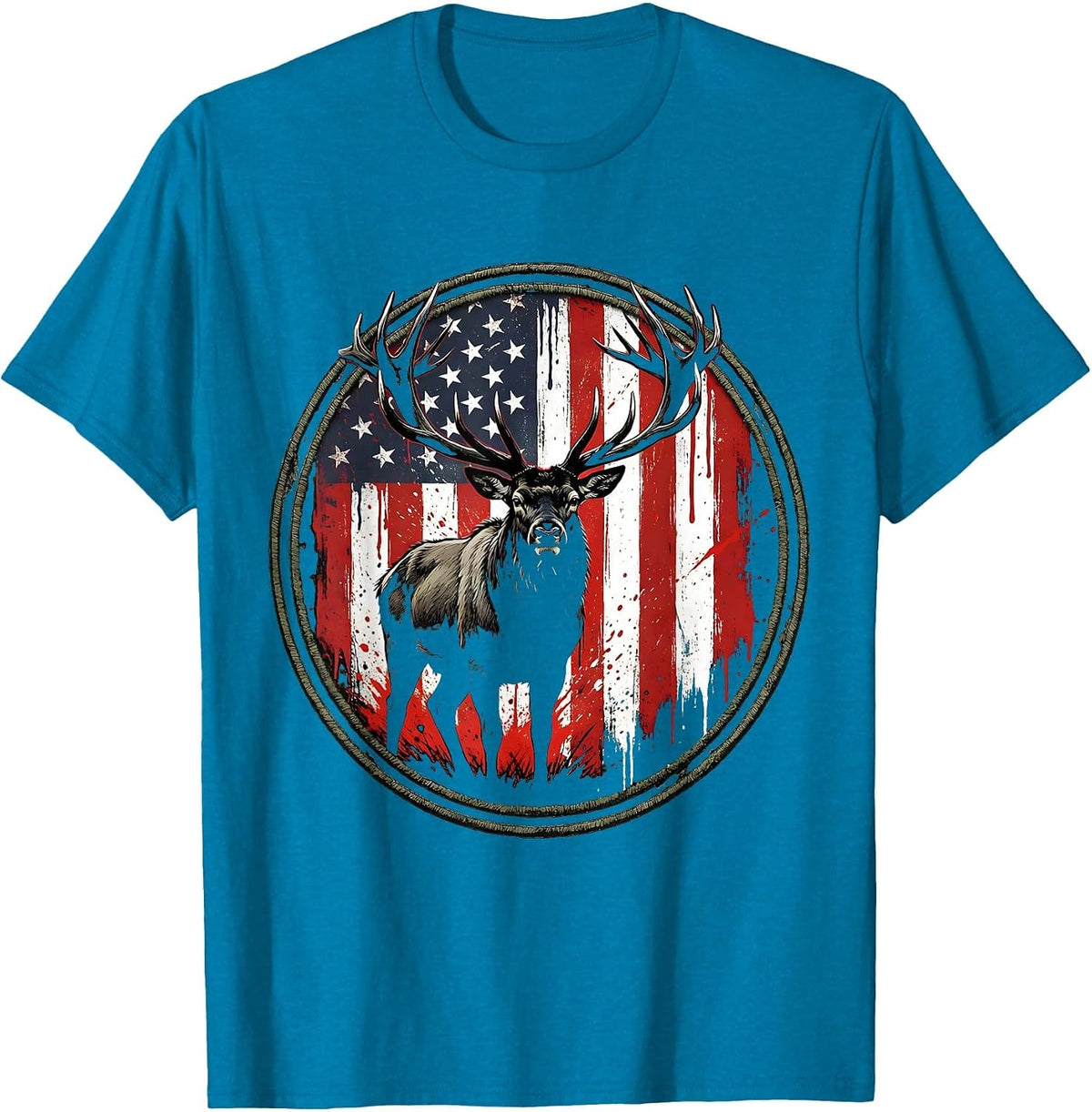 Bull Elk Meadow Sunrise Wildlife Illustration T-Shirt - Sapphire Blue
