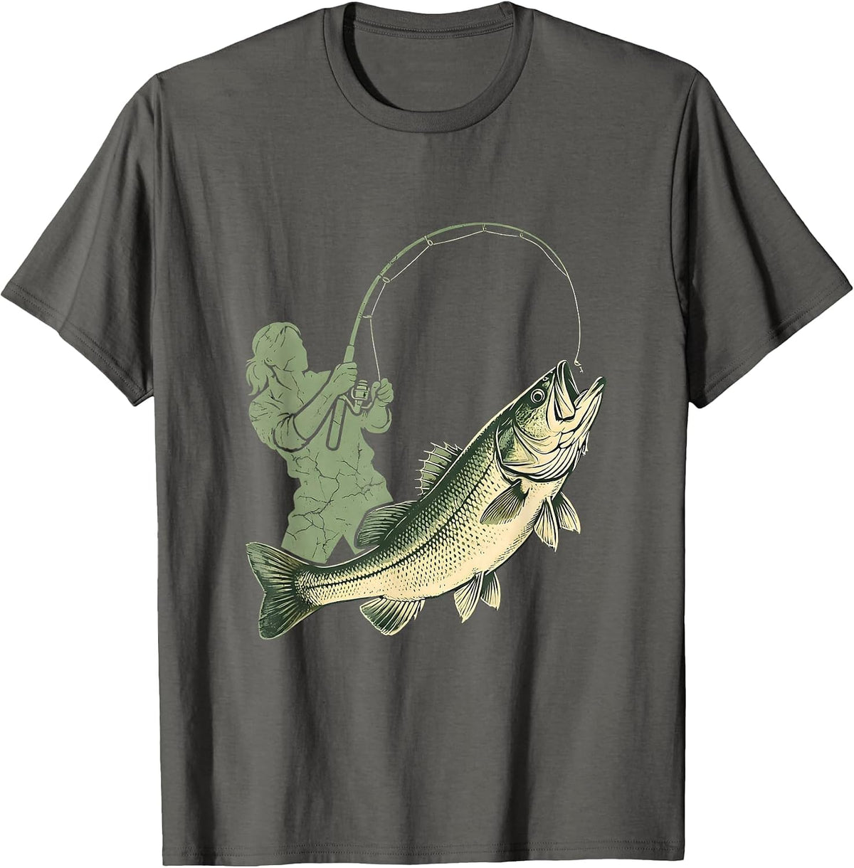 Bass Fishing Angler Reeling In Leaping Bass T-Shirt - Asphalt Grey