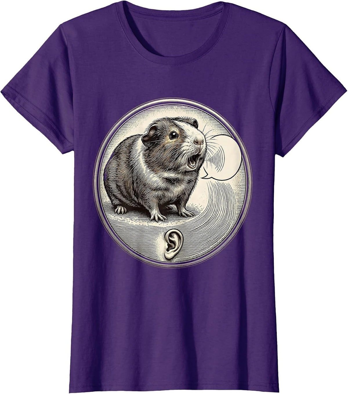 Women's Sealed Guinea Pig Badge Crosshatch Etching Pet Lover Humor T-Shirt - Purple