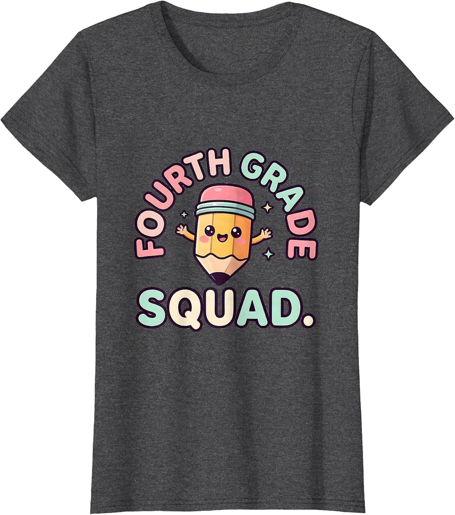 Women's Fourth Grade Squad Cute Kawaii Pencil Back to School Teacher T-Shirt - Dark Heather Grey