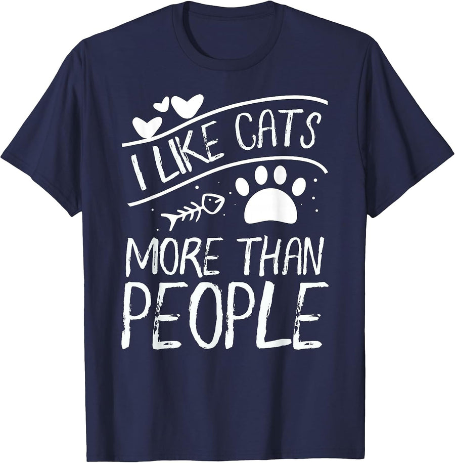 Cat Lover Tee | I Like Cats More Than People T-Shirt T-Shirt - Navy Blue