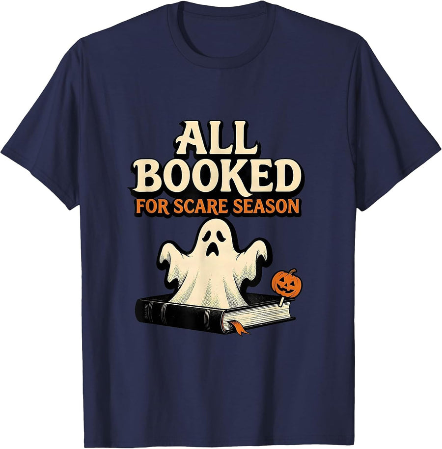 All Booked For Scare Season Cute Ghost Bookworm Halloween T-Shirt - Navy Blue