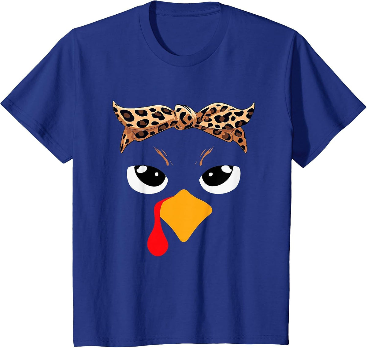 Girls Thanksgiving Turkey Face Leopard Bandana Women Turkey T-Shirt - Royal Blue