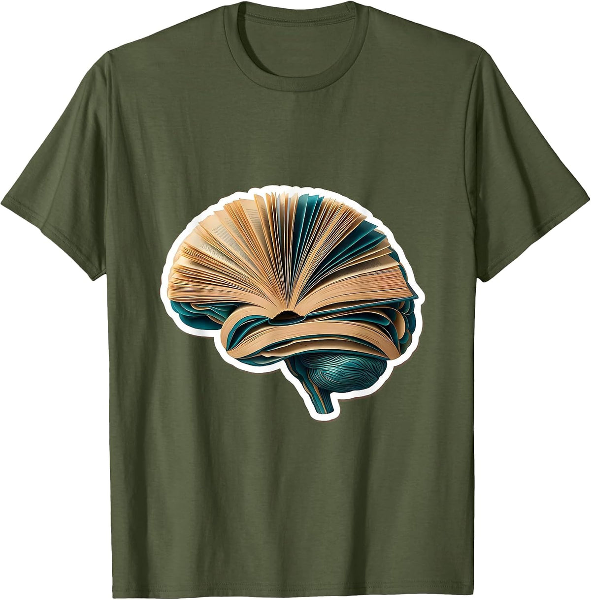 Reading Teacher Brain Book Pages Illustration T-Shirt - Olive Green