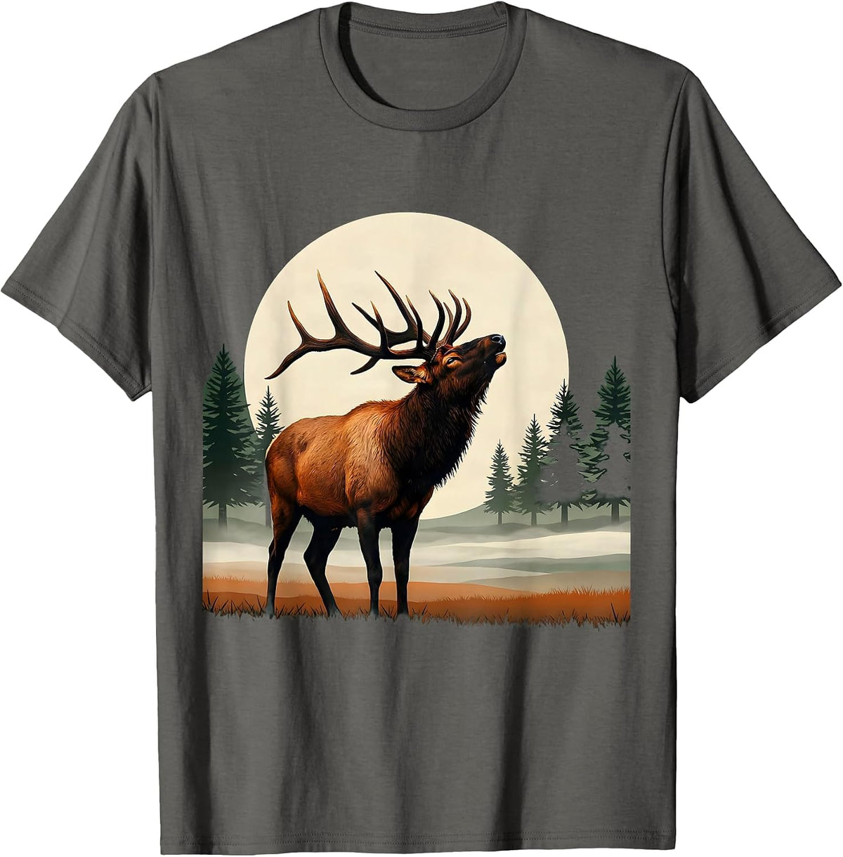 Bull Elk Bugling in Foggy Meadow Fall Design T-Shirt - Asphalt Grey