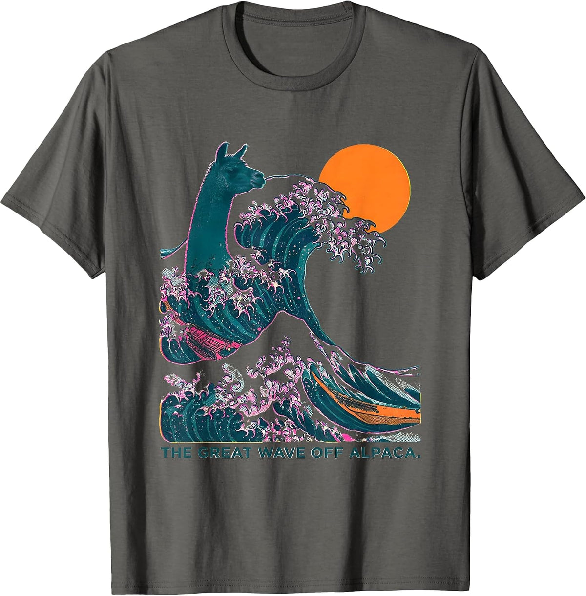 The Great Wave off Alpaca Risograph Funny Animal Lover T-Shirt - Asphalt Grey