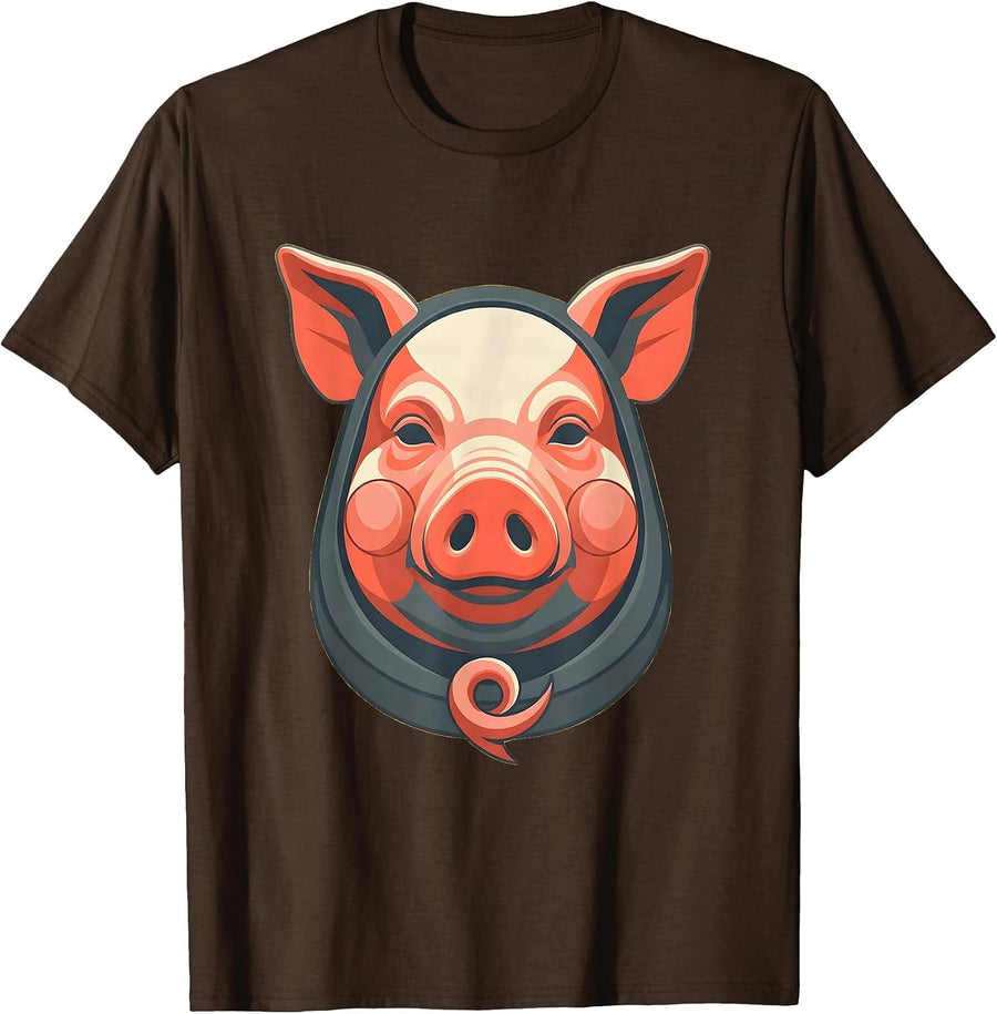 Pig Bust Mask Flat Vector Halloween Pig Lover Humor T-Shirt - Brown