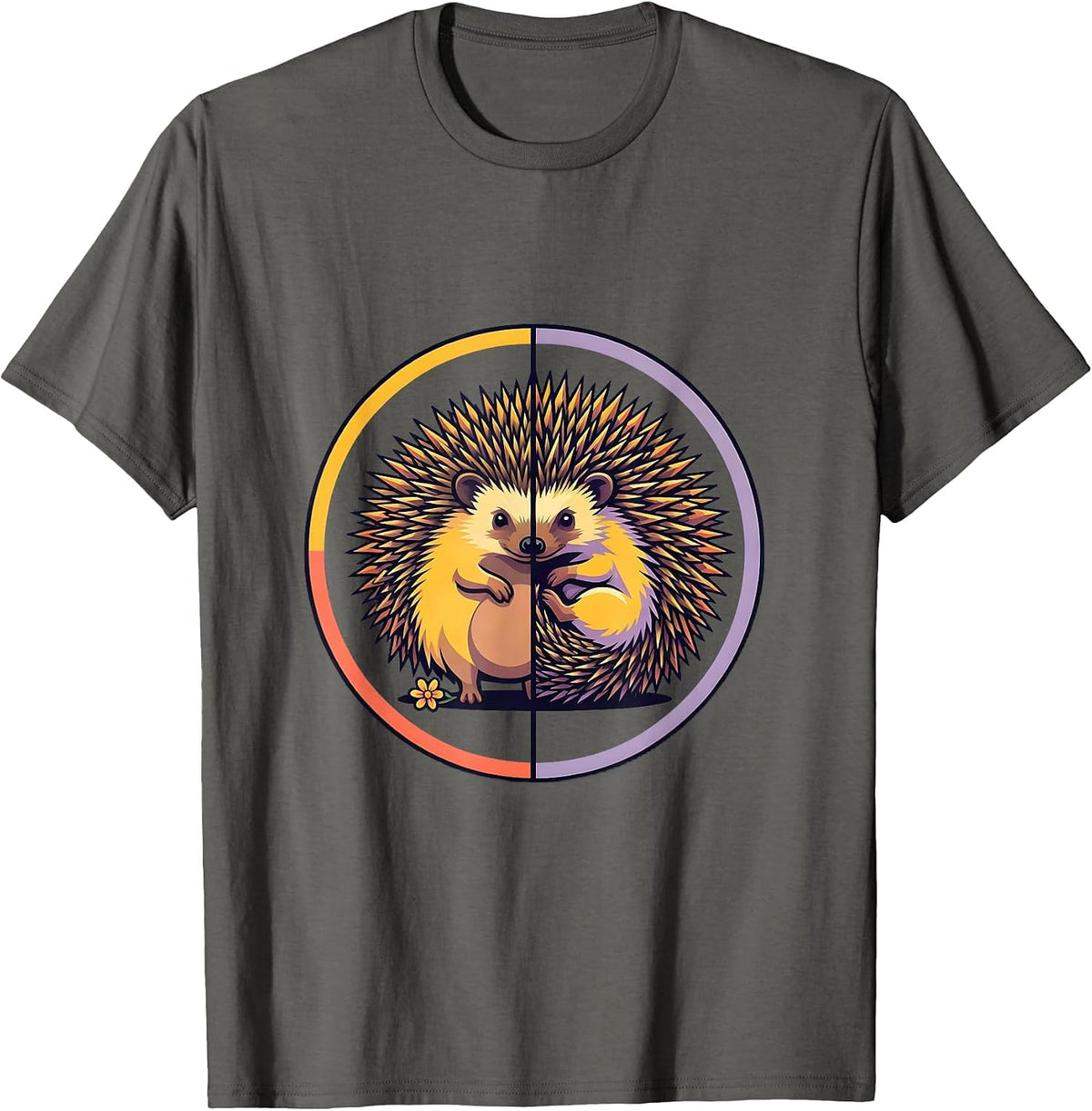Hedgehog Half Portrait Flat Vector Cute Animal Humor T-Shirt - Asphalt Grey
