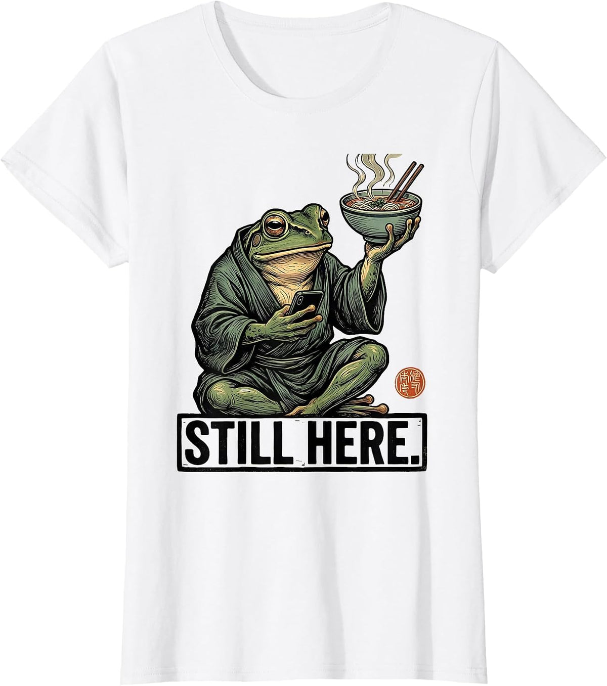 Still Here Grumpy Frog Ukiyo-e Ramen Humor Japanese Art T-Shirt - White