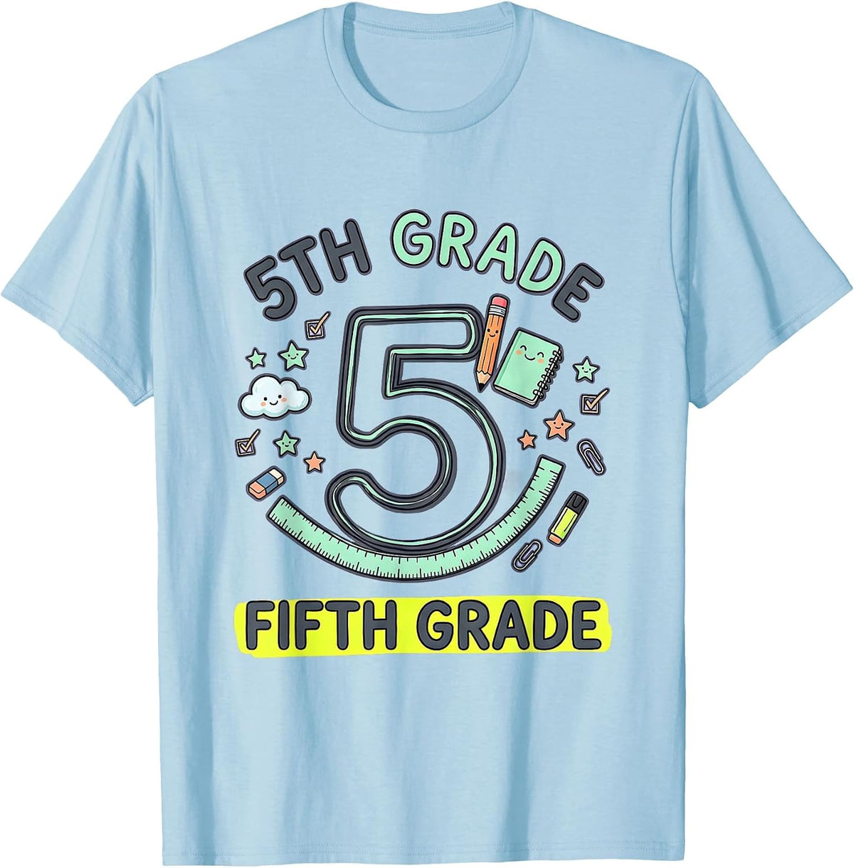 Men's 5TH GRADE FIFTH GRADE Kawaii Stationery Doodle Back T-Shirt - Baby Blue