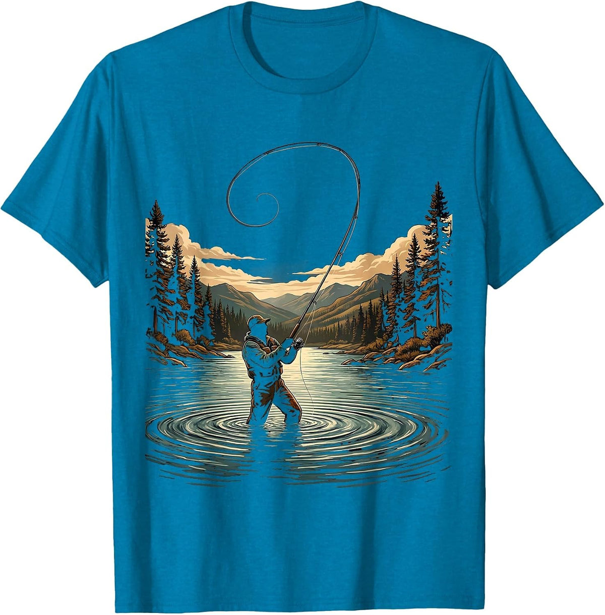 Fly Fisherman Casting Arc in River Graphic T-Shirt - Sapphire Blue