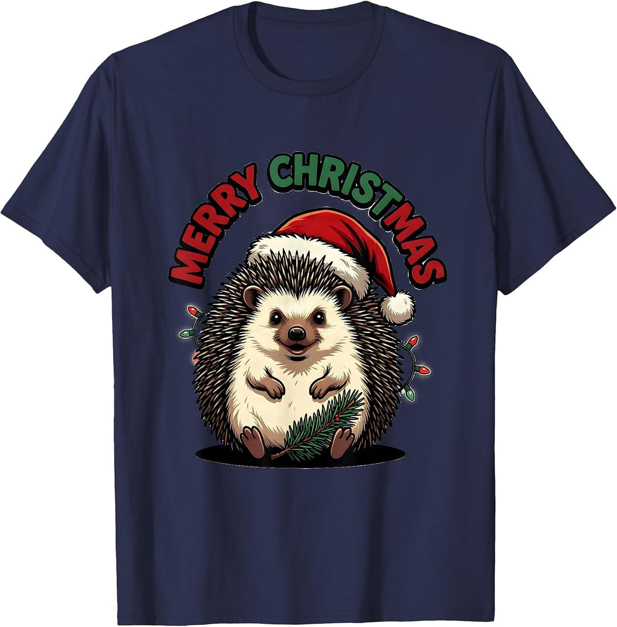 Men's Merry Christmas Cartoon Hedgehog Santa Hat Family Matching T-Shirt - Navy Blue