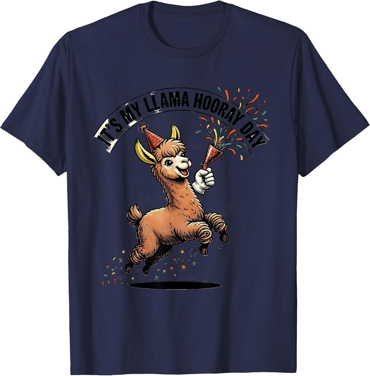 Men's It's My Llama Hooray Day Retro Cartoon Funny Alpaca Humor T-Shirt - Navy Blue