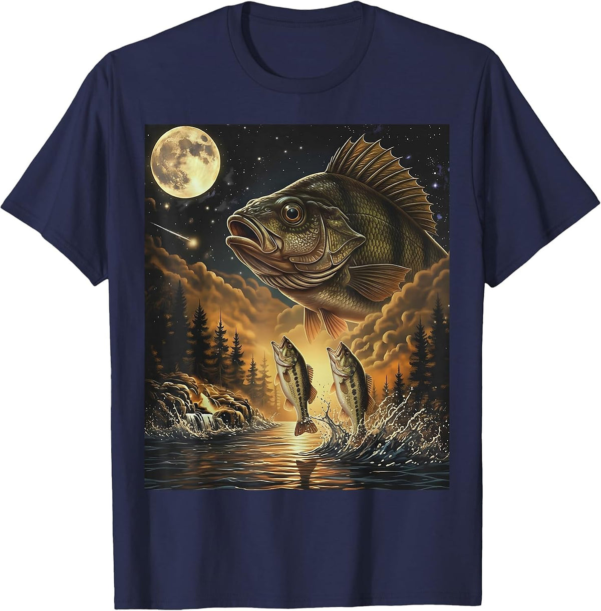 Fish Howling at the Moon Shirt Bass Fishing Art T-Shirt - Navy Blue