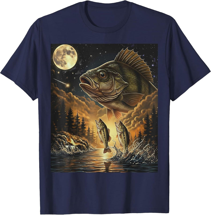 Fish Howling at the Moon Shirt Bass Fishing Art T-Shirt - Navy Blue