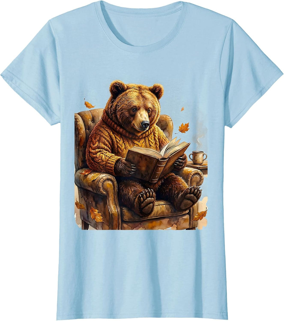 Women's Fall Teacher Bear Reading Book Illustration T-Shirt - Baby Blue