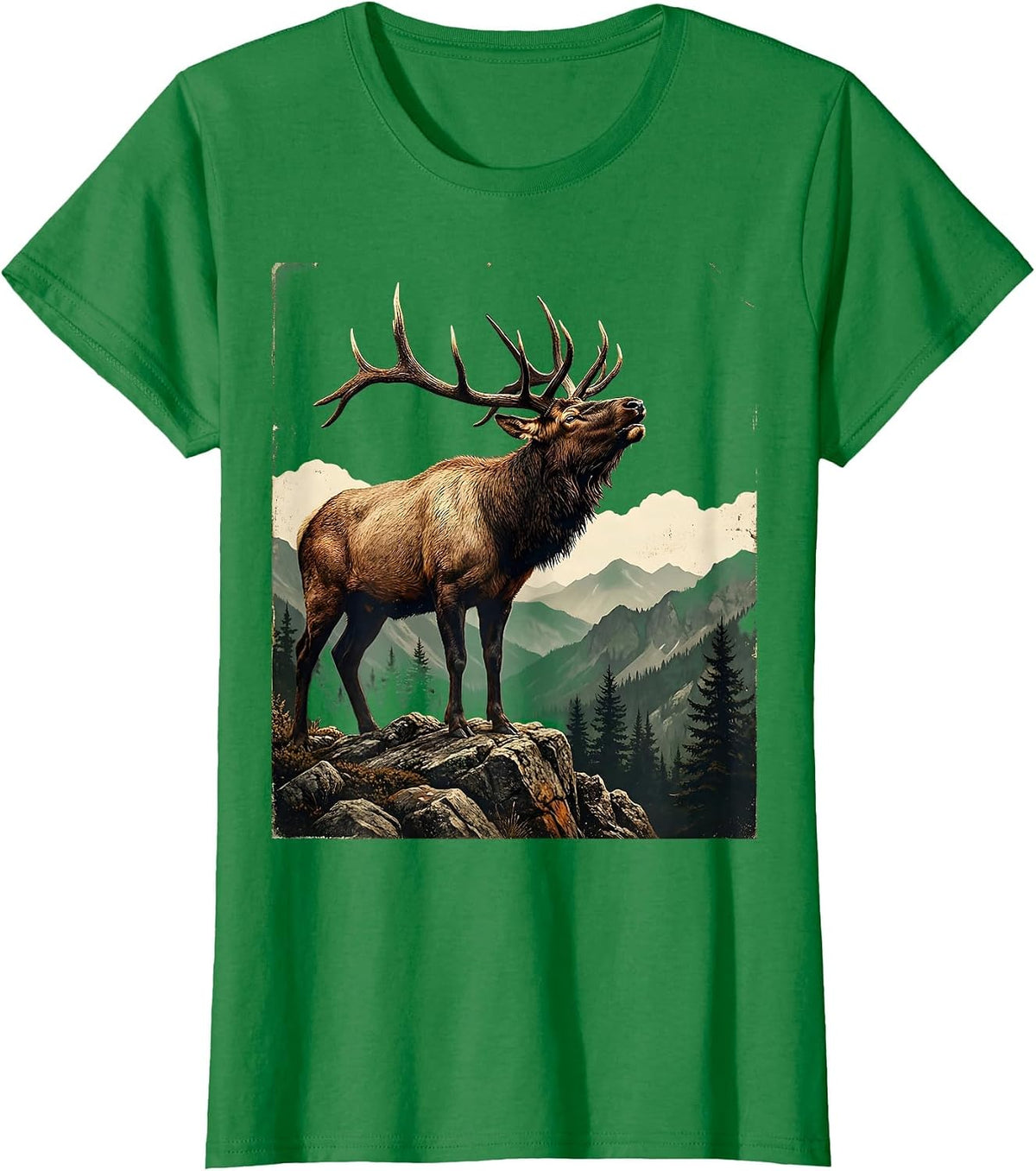 Women's Elk Bugling on Rocky Mountain Ridge T-Shirt - Kelly Green