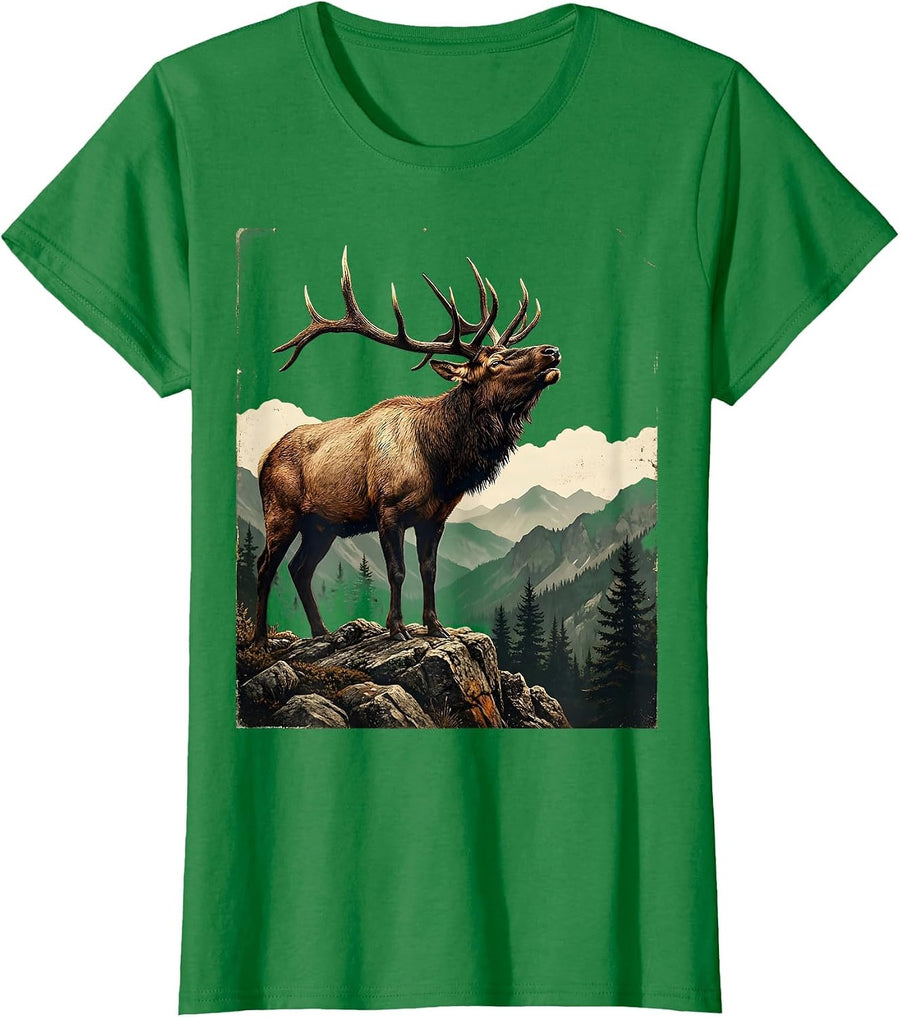 Women's Elk Bugling on Rocky Mountain Ridge T-Shirt - Kelly Green
