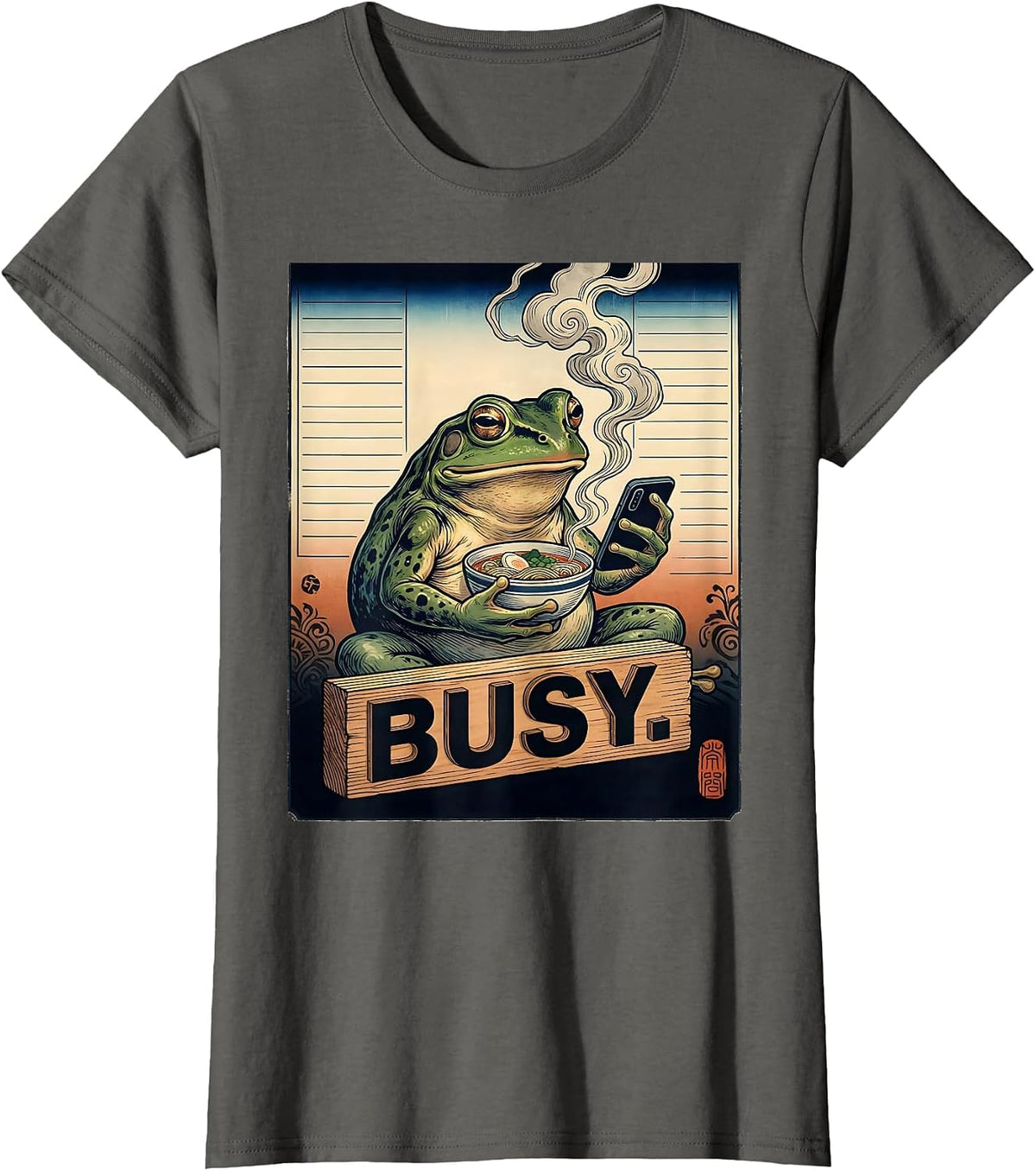 Women's Busy Grumpy Frog Ukiyo-e Ramen Humor Japanese Art T-Shirt - Asphalt Grey