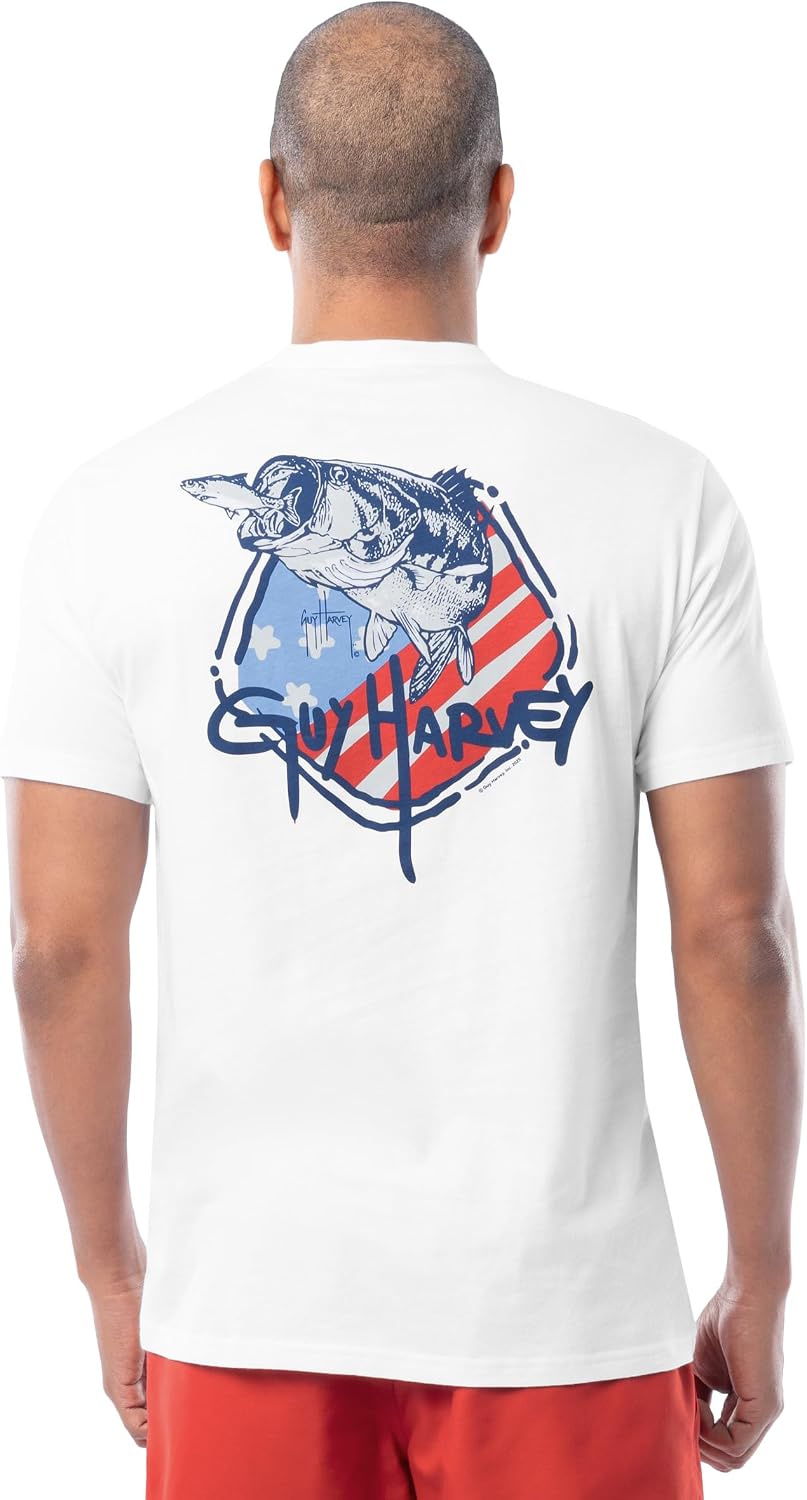 Guy Harvey Men’s Short Sleeve Lightweight Cotton Fishing Graphic T-Shirt - Bright White\/Fast Flag