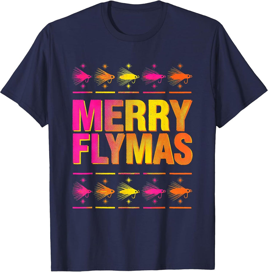 Merry Flymas Risograph Funny Fishing Christmas Holiday Humor T-Shirt - Navy Blue