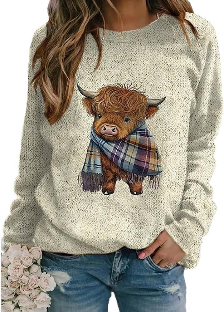 Women's Western Cute Highland Cow Print Casual Sweatshirt Cozy Season Funny Top - Beige