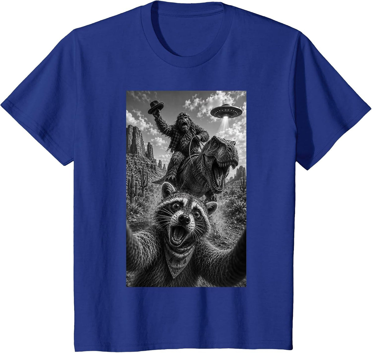 Raccoon Bigfoot T-Rex UFO Selfie T-Shirt - Royal Blue