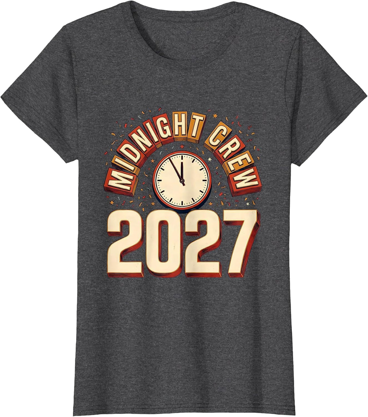 Women's Midnight Crew 2027 Wood Type Letterpress New Year Eve Party T-Shirt - Dark Heather Grey