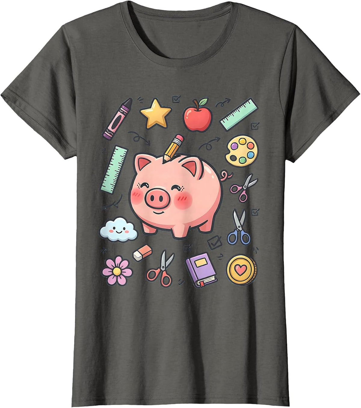 Women's Preschool Teacher Piggy Bank Pencil Graphic T-Shirt - Asphalt Grey