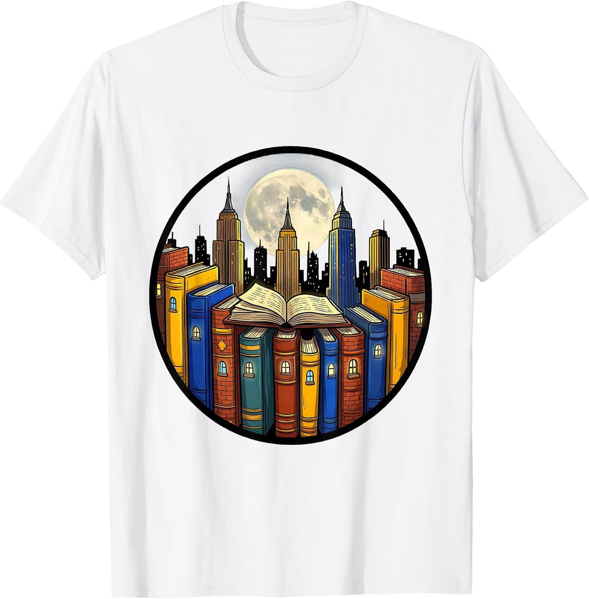 Men's Book Cityscape Skyline Literary Illustration T-Shirt - White