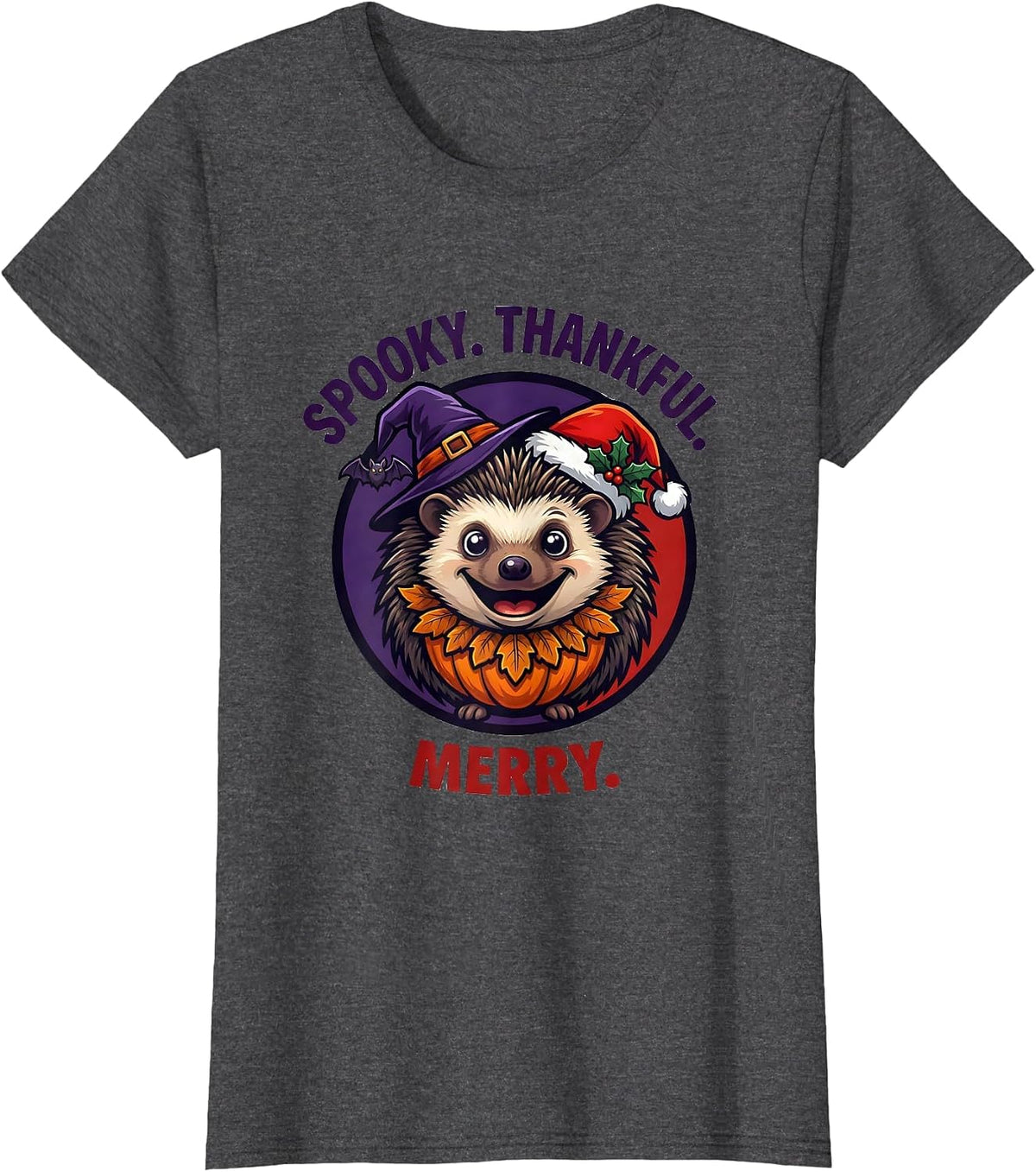 Women's Spooky Thankful Merry Mascot Logo Tri Holiday Halloween T-Shirt - Dark Heather Grey