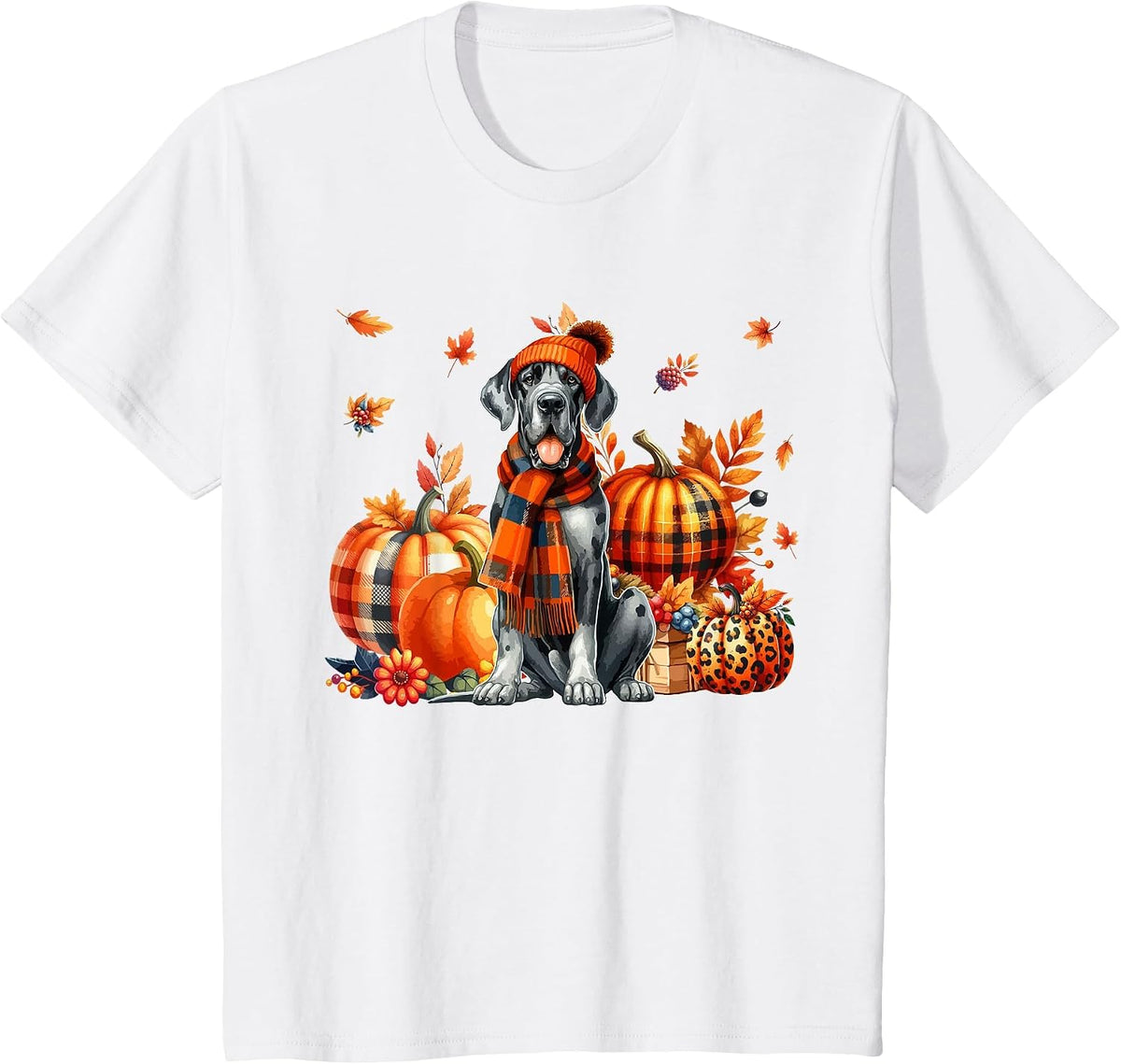 Great Dane Thanksgiving Leopard Pumpkins Fall Leaves Lover T-Shirt - White