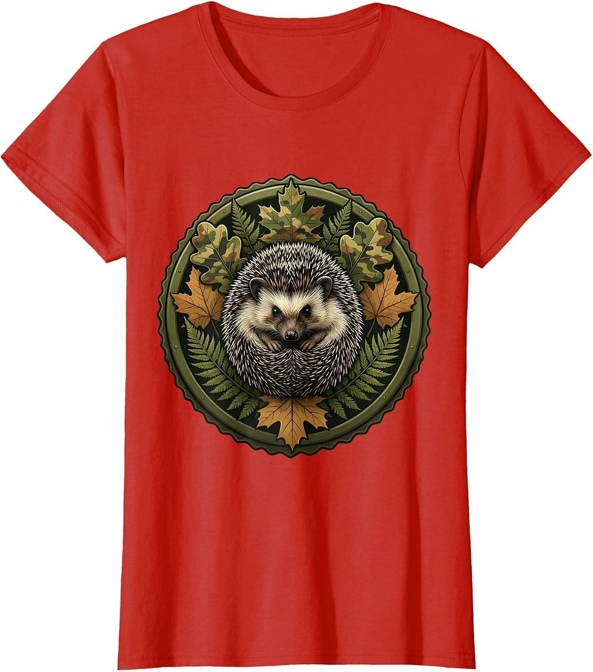 Camo Hedgehog Curled in Leaf Pile Kids Design T-Shirt - Red