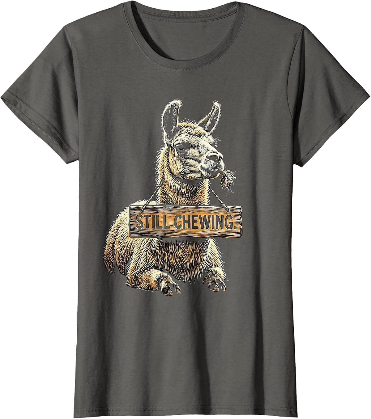 Women's Still Chewing Funny Llama Alpaca Pun Humor T-Shirt - Asphalt Grey