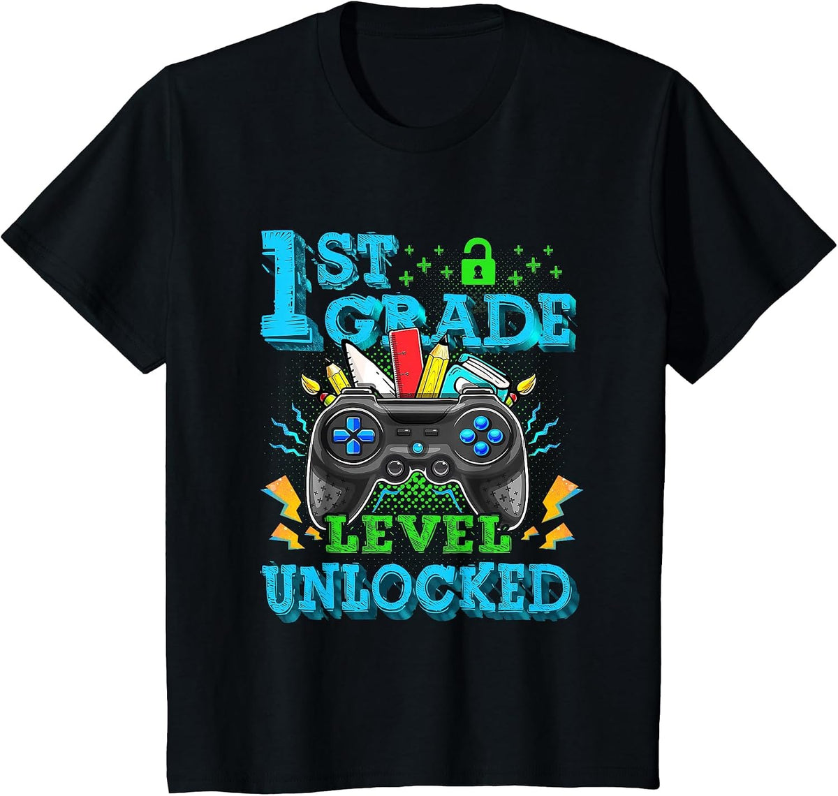 1st Grade Level Unlocked Video Game Back to School Boys T-Shirt - Black