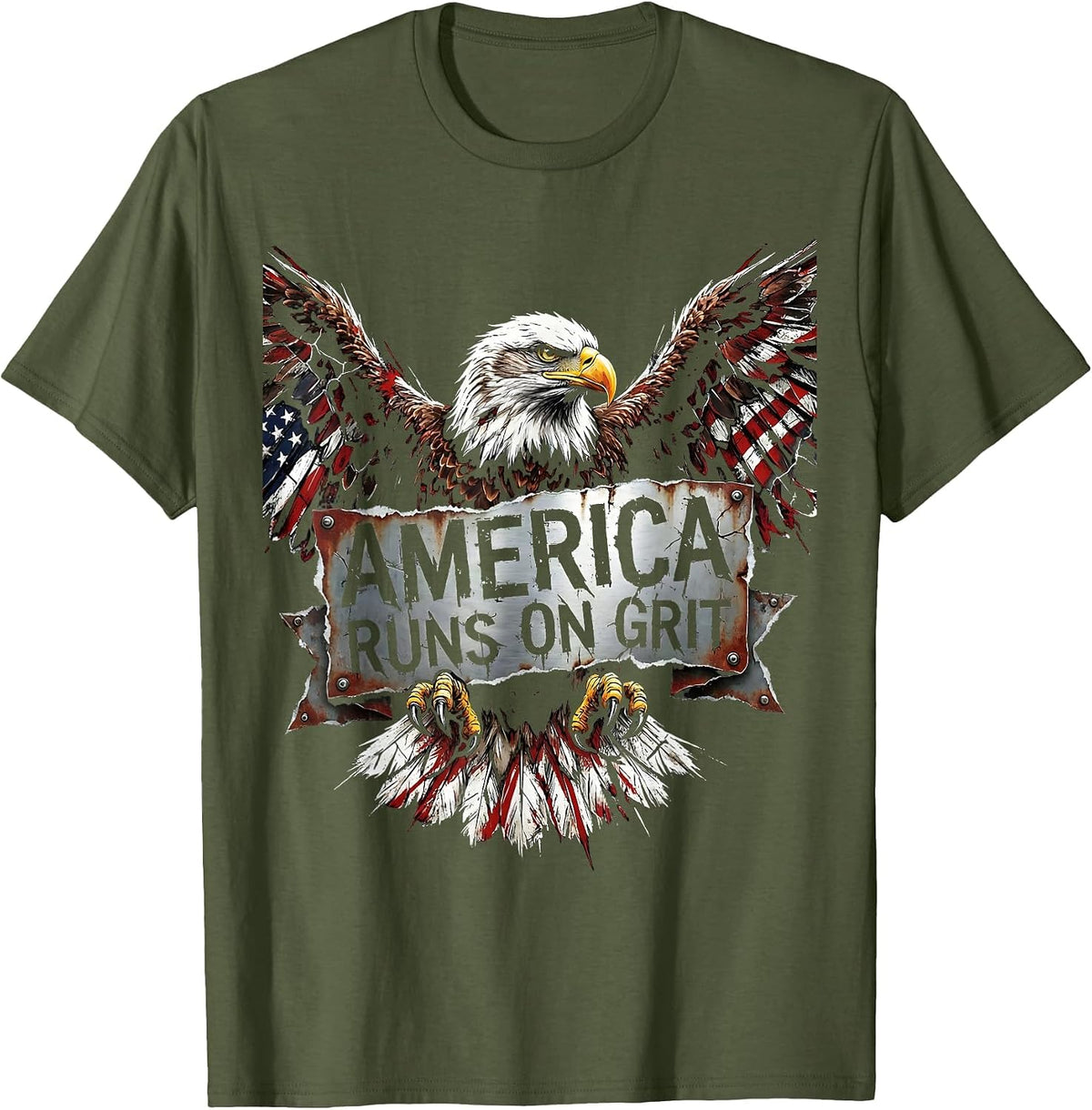 Men's America Runs on Grit Patriotic Design T-Shirt - Olive Green