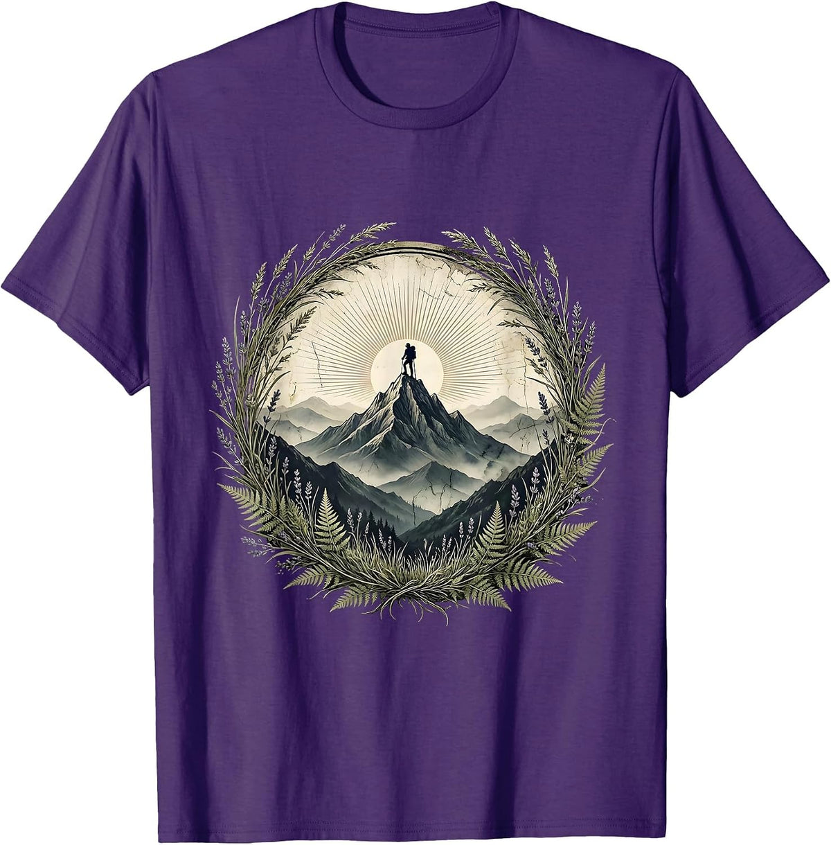 Men's Hiker Silhouette Misty Mountain Peak Adventure T-Shirt - Purple