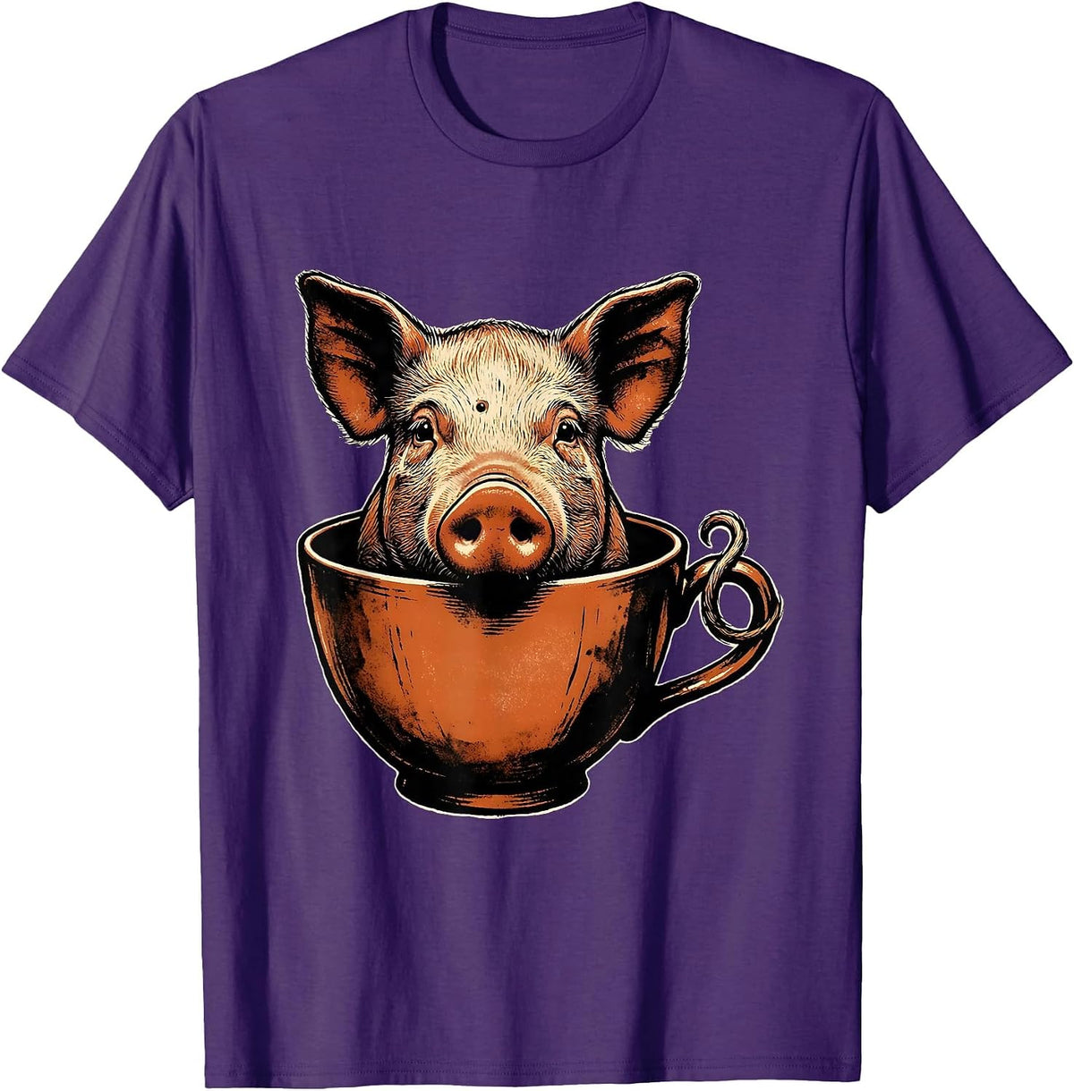 Pig In Teacup Rubber Stamp Funny Farm Animal Lover T-Shirt - Purple