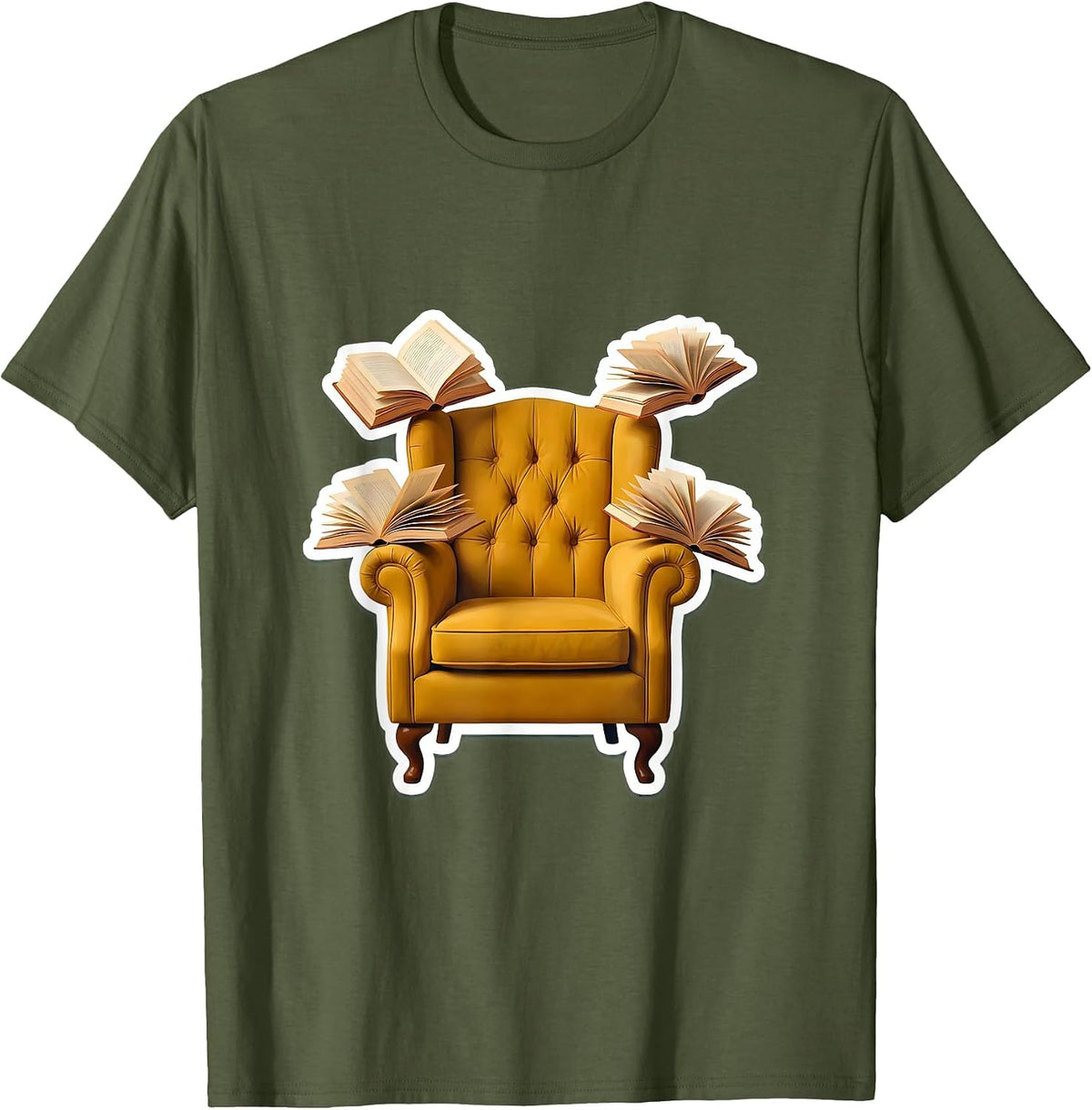 Men's Reading Teacher Cozy Armchair Floating Books Design T-Shirt - Olive Green