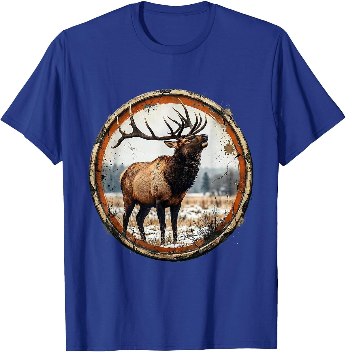 Men's Bull Elk Bugling in Snowy Meadow Illustration T-Shirt - Royal Blue
