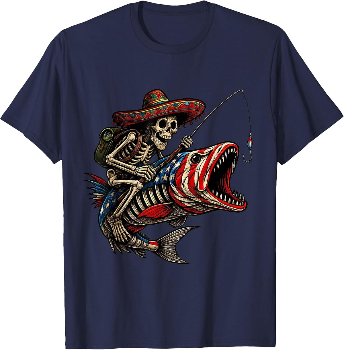 Fishing Mexican Sombrero Bass Fish Skull Skeleton Fisherman T-Shirt - Navy Blue