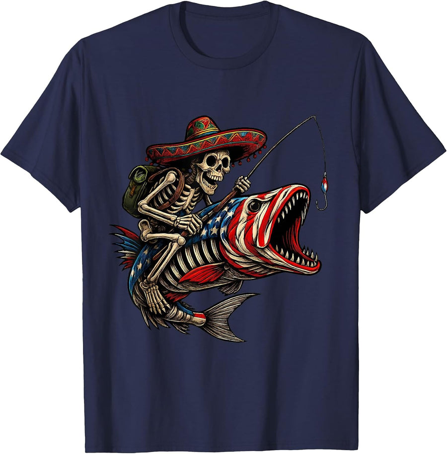 Fishing Mexican Sombrero Bass Fish Skull Skeleton Fisherman T-Shirt - Navy Blue