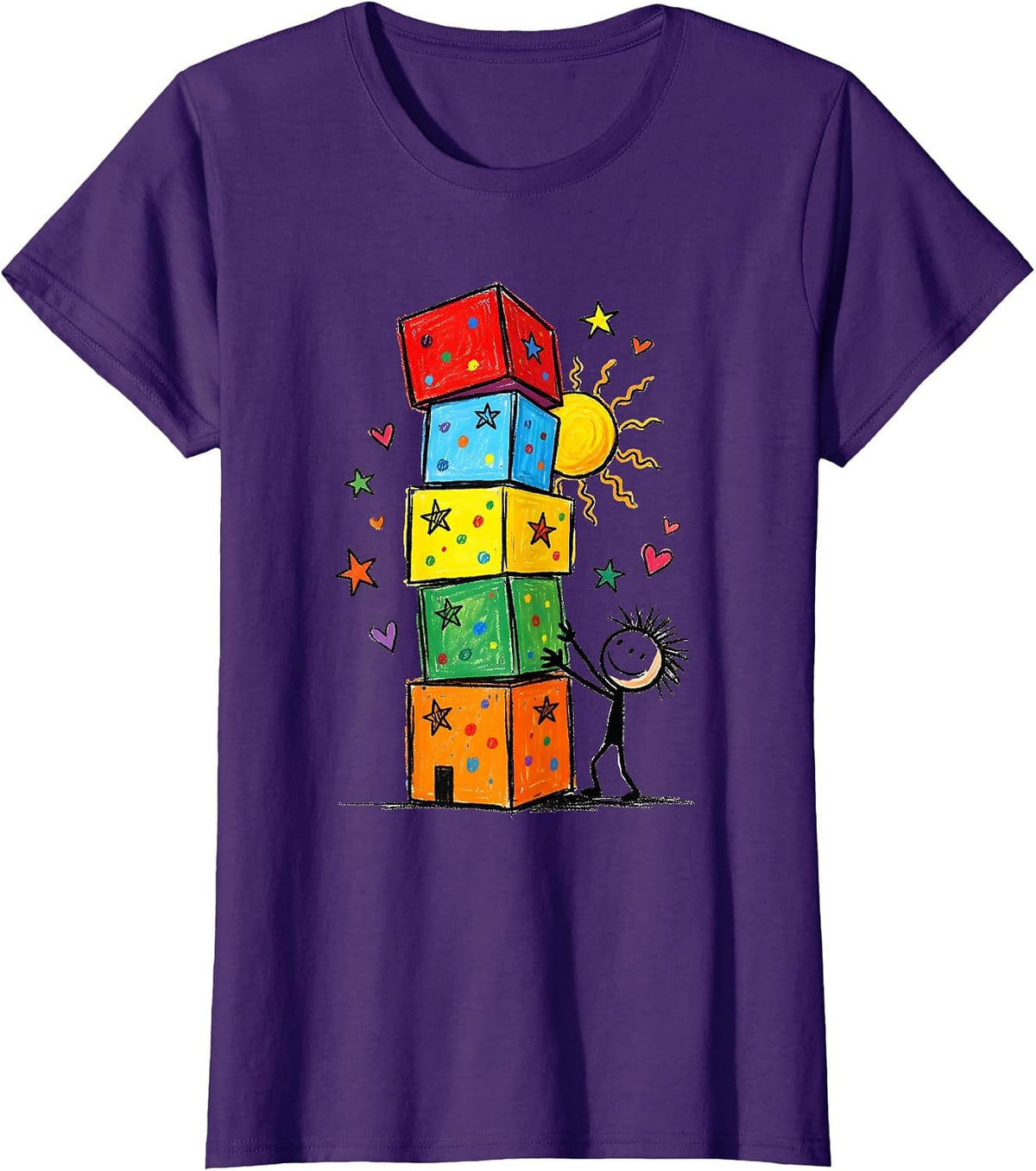 Women's Preschool Teacher Building Blocks Tower Graphic T-Shirt - Purple
