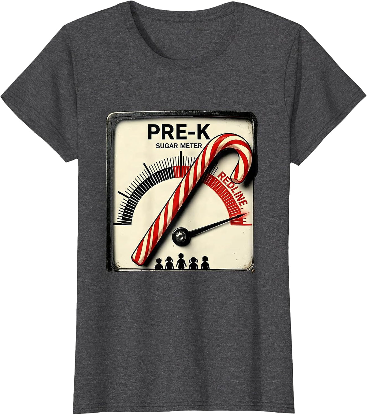 Women's Pre-K Sugar Meter Redline Funny Teacher Christmas Candy Cane T-Shirt - Dark Heather Grey