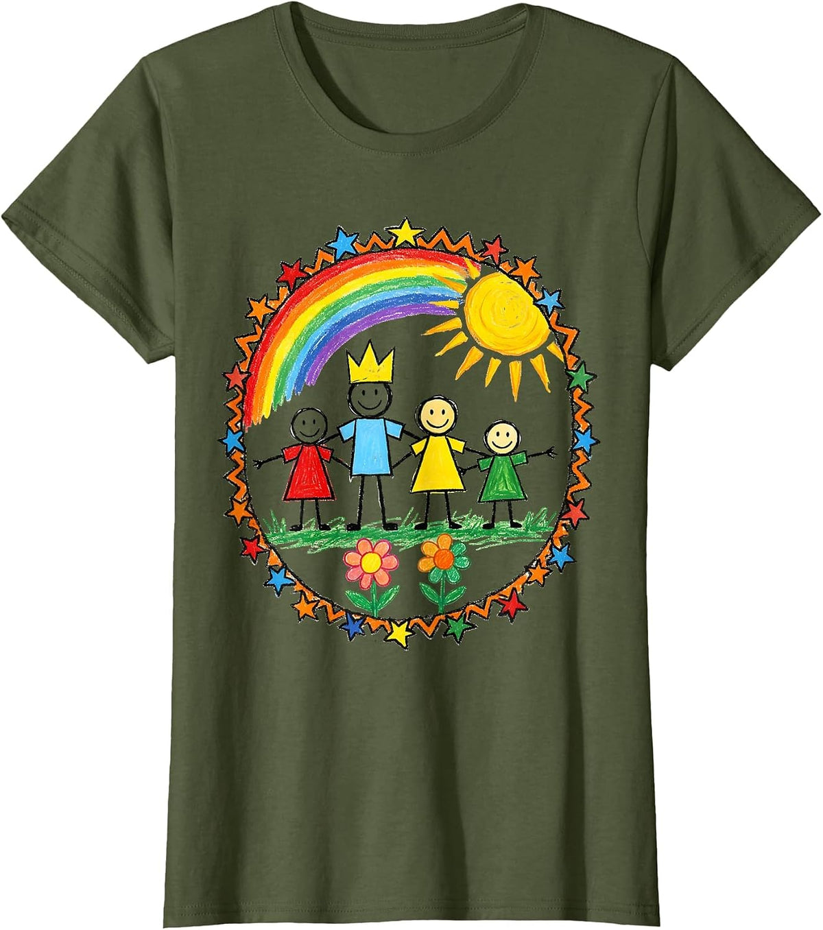 Women's Preschool Teacher Child Family Portrait Drawing T-Shirt - Olive Green