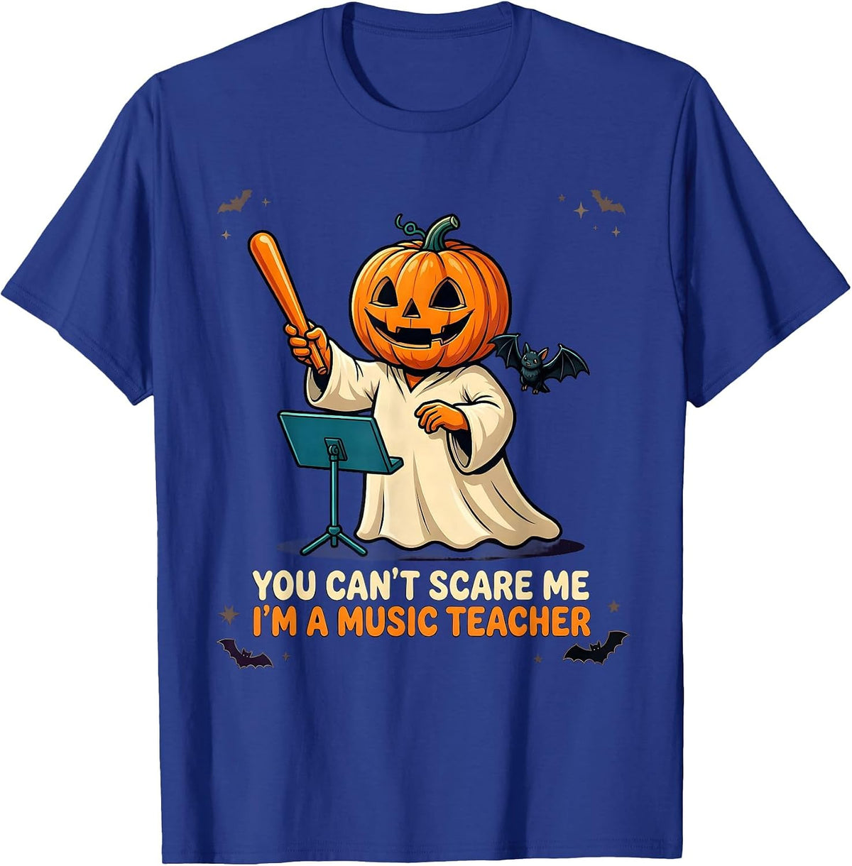 You Can't Scare Me I'm a Music Teacher Cartoon Halloween T-Shirt - Royal Blue